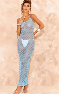 Blue Sheer Glitter Knit Strappy Maxi Dress