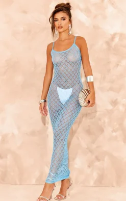 Blue Sheer Glitter Knit Strappy Maxi Dress
