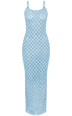 Blue Sheer Glitter Knit Strappy Maxi Dress