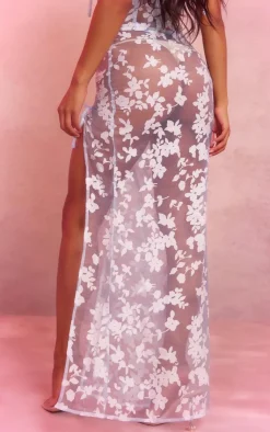 Best PrettyLittleThing Sheer Jacquard Ruched Maxi Skirt Blue