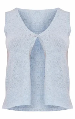 Best PrettyLittleThing Sheer Textured Knit Button Front Vest Top Blue