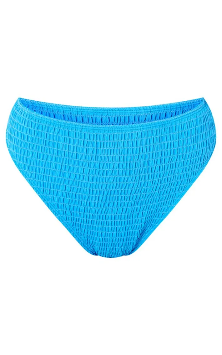 Blue Shirred High Waist Bikini Bottoms