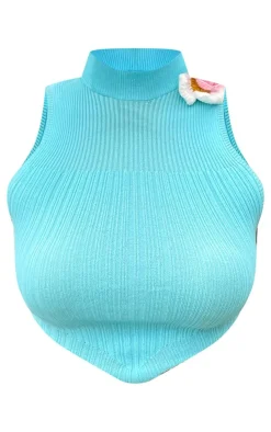 PrettyLittleThing Knitted Tops*Soft Rib Knit Floral Applique Racer Neck Top