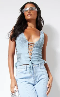 PrettyLittleThing Sleeveless Tops*Washed Twill Lace Up Detail Plunge Sleeveless Top