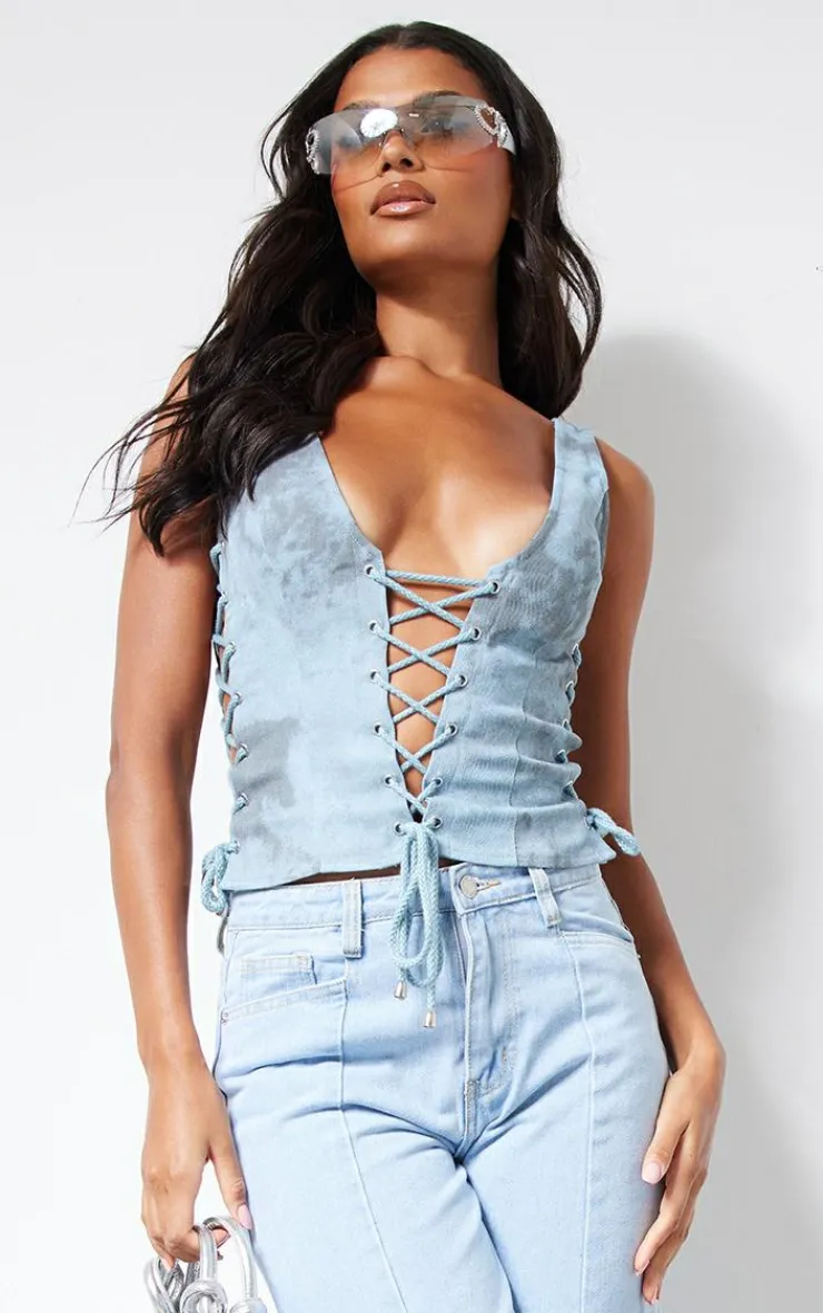 PrettyLittleThing Sleeveless Tops*Washed Twill Lace Up Detail Plunge Sleeveless Top
