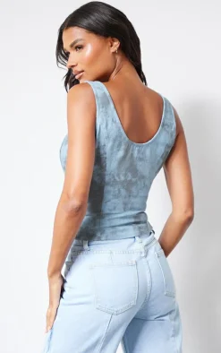 PrettyLittleThing Sleeveless Tops*Washed Twill Lace Up Detail Plunge Sleeveless Top