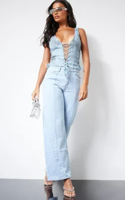 PrettyLittleThing Sleeveless Tops*Washed Twill Lace Up Detail Plunge Sleeveless Top