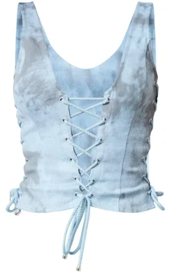 PrettyLittleThing Sleeveless Tops*Washed Twill Lace Up Detail Plunge Sleeveless Top