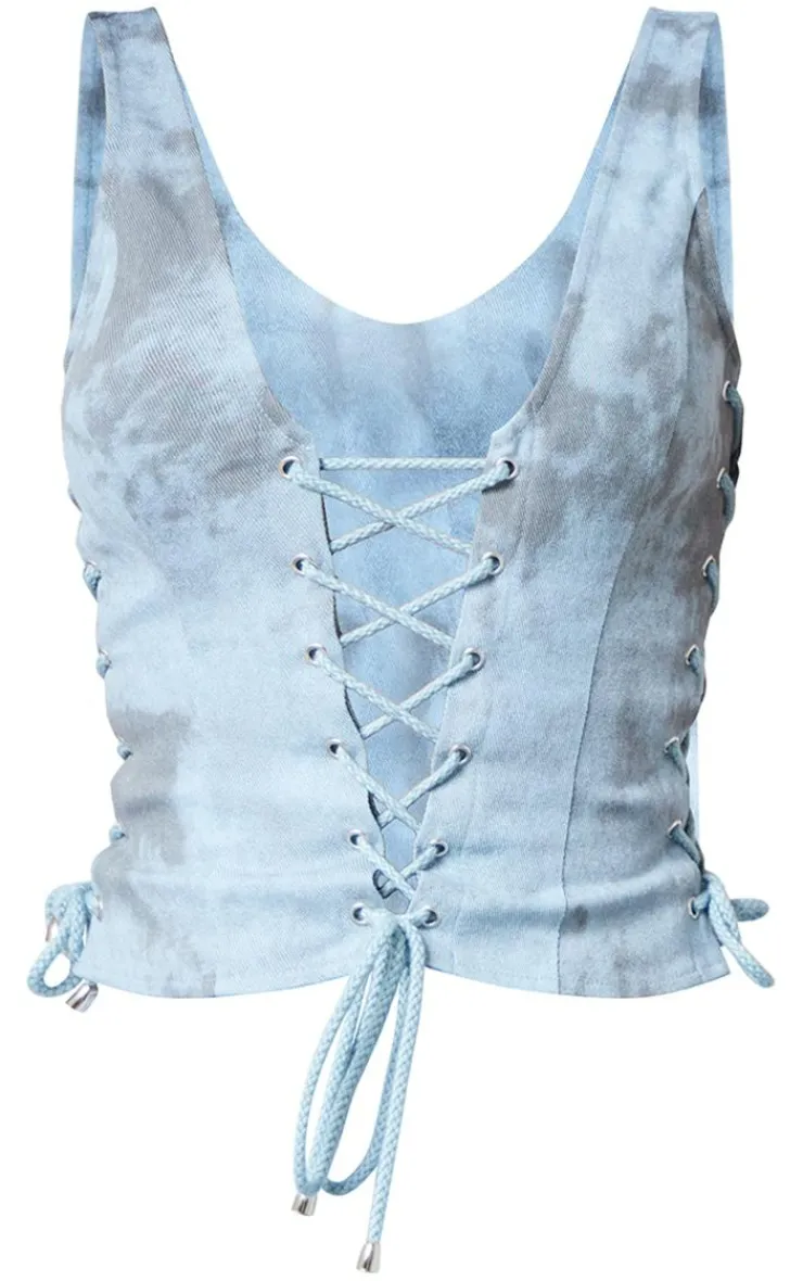 PrettyLittleThing Sleeveless Tops*Washed Twill Lace Up Detail Plunge Sleeveless Top