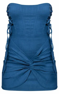 Blue Stretch Woven Bandeau Lace Up Corset Bodycon Dress-PrettyLittleThing Discount
