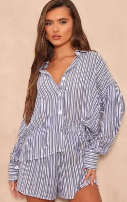 Online PrettyLittleThing Stripe Cotton Elasticated Floaty Short Blue