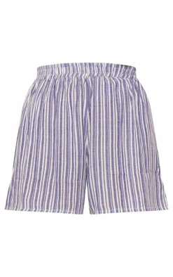 Online PrettyLittleThing Stripe Cotton Elasticated Floaty Short Blue
