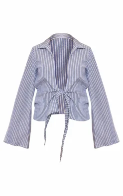 PrettyLittleThing Shirts*Stripe Cotton Ruched Bow Shirt