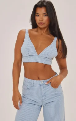 Sale PrettyLittleThing Stripe Denim Triangle Bralet Blue
