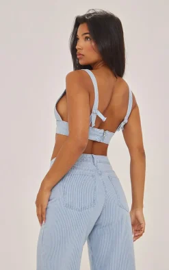 Sale PrettyLittleThing Stripe Denim Triangle Bralet Blue
