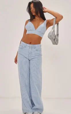 Sale PrettyLittleThing Stripe Denim Triangle Bralet Blue
