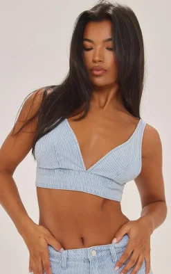 Sale PrettyLittleThing Stripe Denim Triangle Bralet Blue