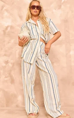Discount PrettyLittleThing Stripe Linen Look High Waisted Tailored Pants Blue