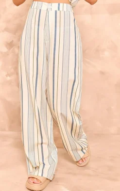 Discount PrettyLittleThing Stripe Linen Look High Waisted Tailored Pants Blue