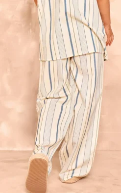 Discount PrettyLittleThing Stripe Linen Look High Waisted Tailored Pants Blue