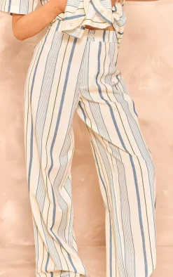 Discount PrettyLittleThing Stripe Linen Look High Waisted Tailored Pants Blue