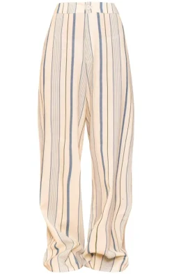 Discount PrettyLittleThing Stripe Linen Look High Waisted Tailored Pants Blue