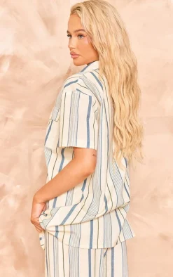 Best PrettyLittleThing Stripe Linen Look Pocket Front Short Sleeve Oversized Shirt Blue