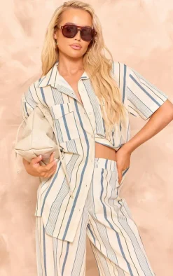 Best PrettyLittleThing Stripe Linen Look Pocket Front Short Sleeve Oversized Shirt Blue