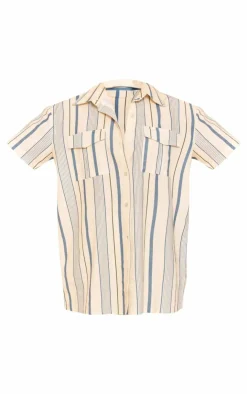 Best PrettyLittleThing Stripe Linen Look Pocket Front Short Sleeve Oversized Shirt Blue