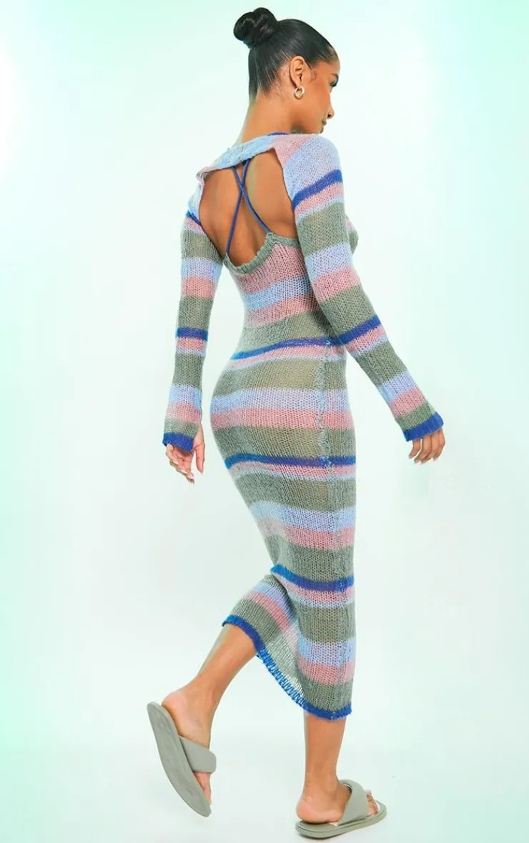 Stripe Open Knit Maxi Dress & Sleeves-PrettyLittleThing Online