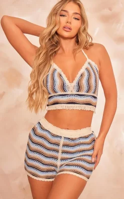 Hot PrettyLittleThing Striped Crochet Knit Mini Shorts Blue