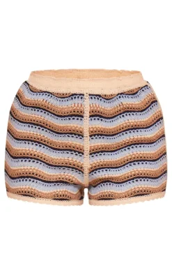 Hot PrettyLittleThing Striped Crochet Knit Mini Shorts Blue