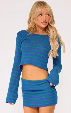 PrettyLittleThing Striped Textured Rib Low Rise Micro Mini Skirt Blue