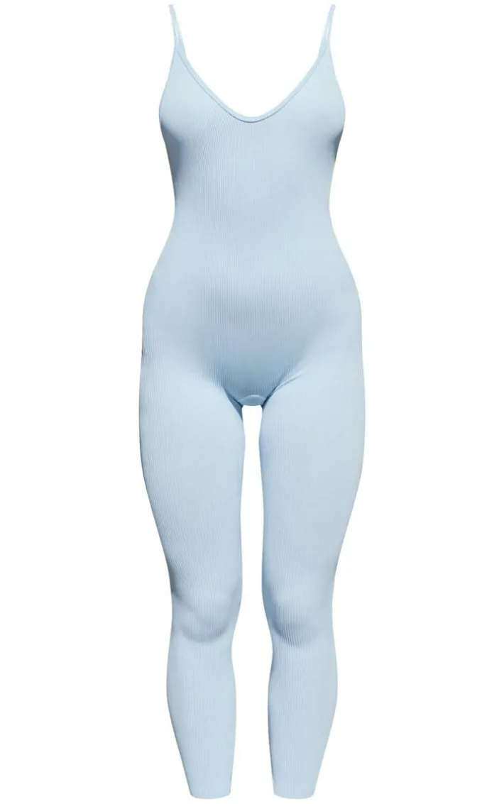 Blue Structured Snatched Rib Strappy Plunge Jumpsuit