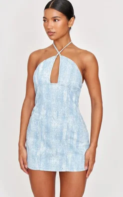 Studded Diamante Denim Keyhole Mini Dress-PrettyLittleThing Discount
