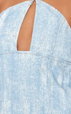 Studded Diamante Denim Keyhole Mini Dress-PrettyLittleThing Discount