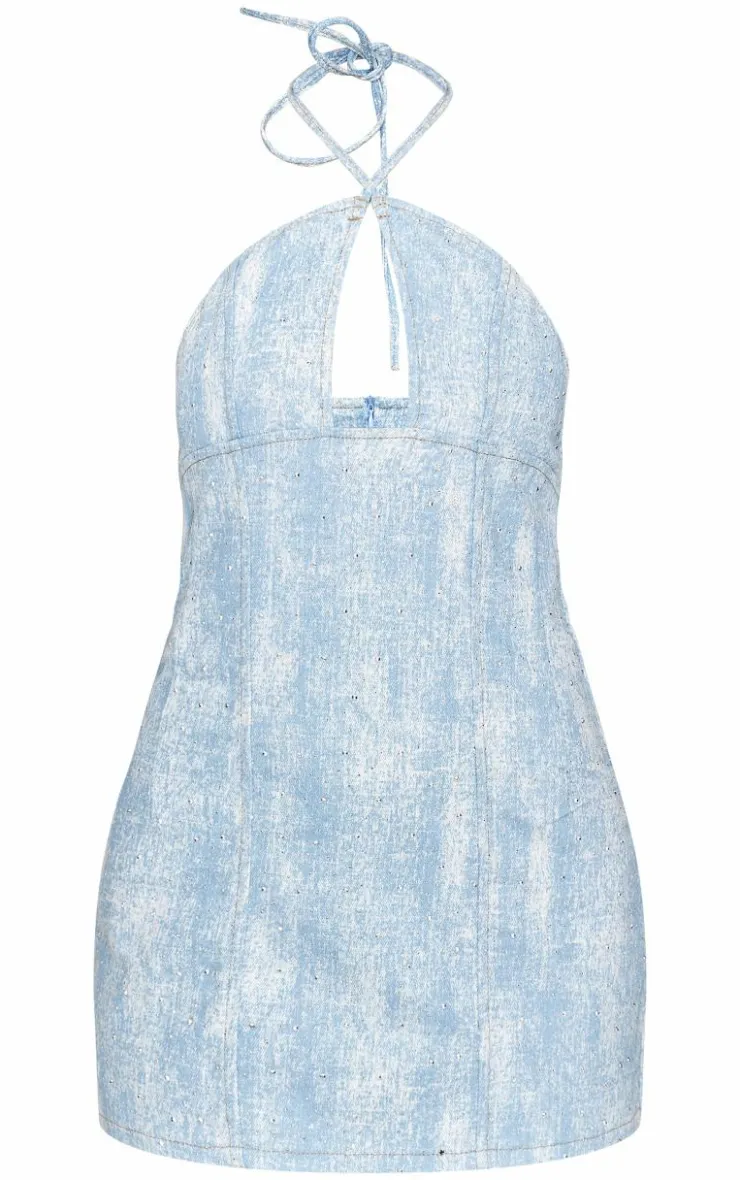 Studded Diamante Denim Keyhole Mini Dress-PrettyLittleThing Discount