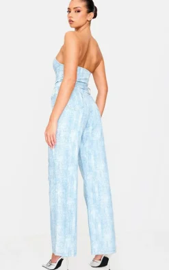 Blue Studded Diamante Denim Bandeau Wide Leg Jumpsuit