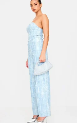 Blue Studded Diamante Denim Bandeau Wide Leg Jumpsuit