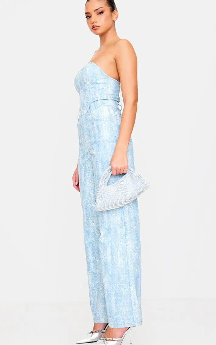 Blue Studded Diamante Denim Bandeau Wide Leg Jumpsuit