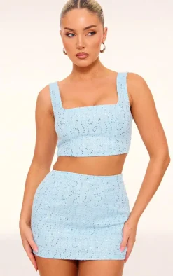 Discount PrettyLittleThing Textured Sequin Button Up Crop Top Blue