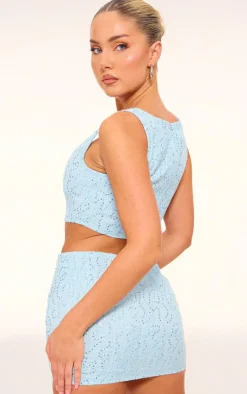 Discount PrettyLittleThing Textured Sequin Button Up Crop Top Blue