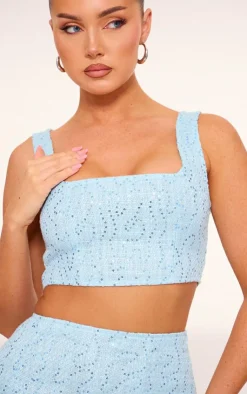 Discount PrettyLittleThing Textured Sequin Button Up Crop Top Blue