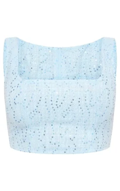 Discount PrettyLittleThing Textured Sequin Button Up Crop Top Blue