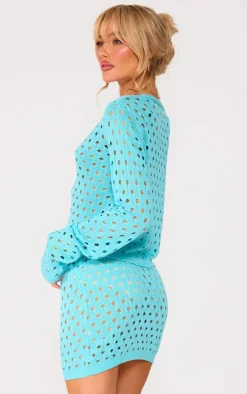 Outlet PrettyLittleThing Tie Front Hole Knit Top Blue