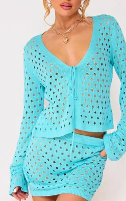 Outlet PrettyLittleThing Tie Front Hole Knit Top Blue