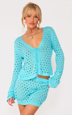 Outlet PrettyLittleThing Tie Front Hole Knit Top Blue