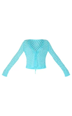 Outlet PrettyLittleThing Tie Front Hole Knit Top Blue