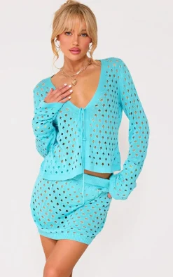 Sale PrettyLittleThing Tie Front Hole Knit Mini Skirt Blue