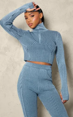 PrettyLittleThing Knitted Tops*Two Tone Chunky Rib Knit Underbust Detail Cropped Half Zip